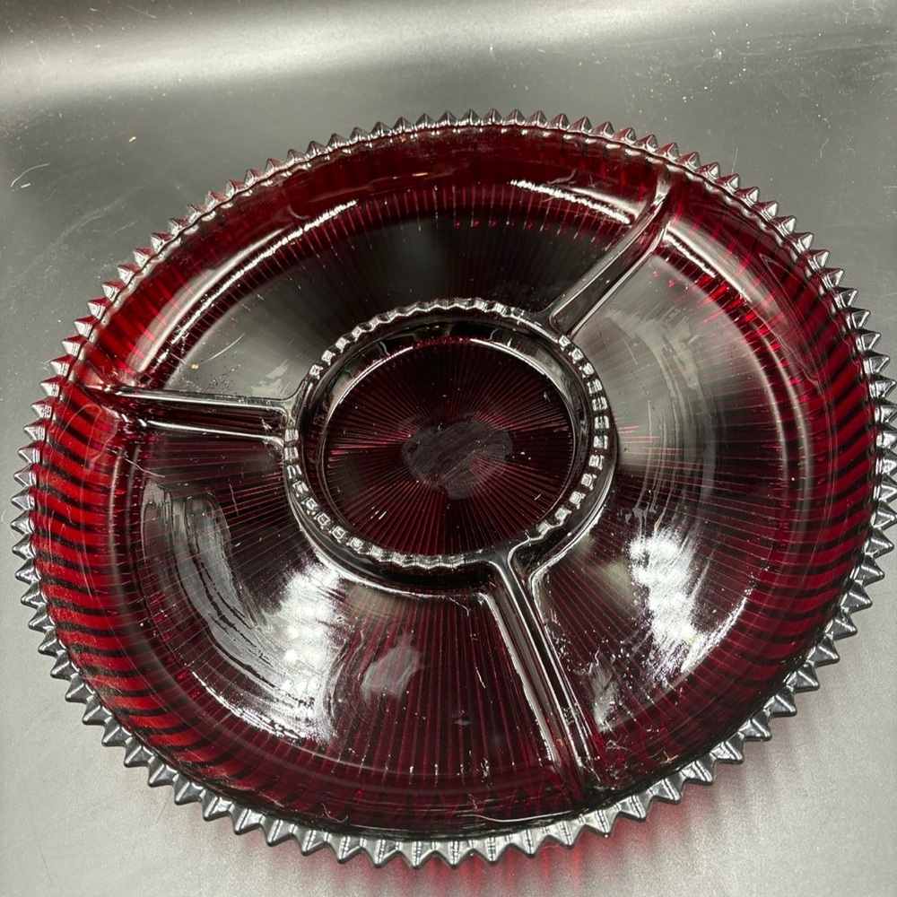 Celebrations by Mikasa “Holiday Flare”.  Cranberry Red Glass Divider Dish.